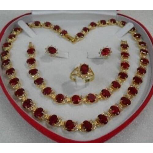 Free Shipping womens gift true red yellow gold Earring Bracelet Necklace Ring +box AAA