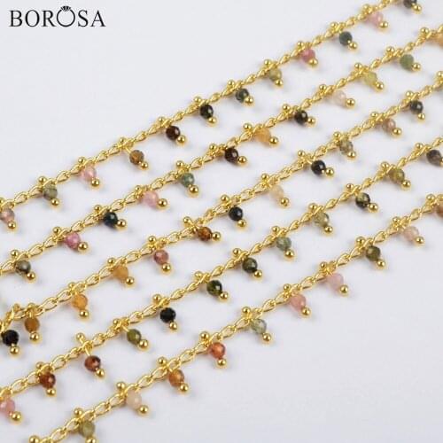BOROSA 3Meters 2mm Rainbow Natural Tourmaline Beads Faceted Brass Chains Rainbow Gems Beaded Chain In Gold Plating JT259