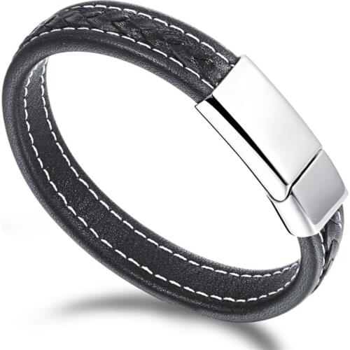 Black Genuine Leather Bracelet Men Bangle With Stainless Steel Men Jewelry Rock Chunky Leather Mens Bracelets pulseira couro