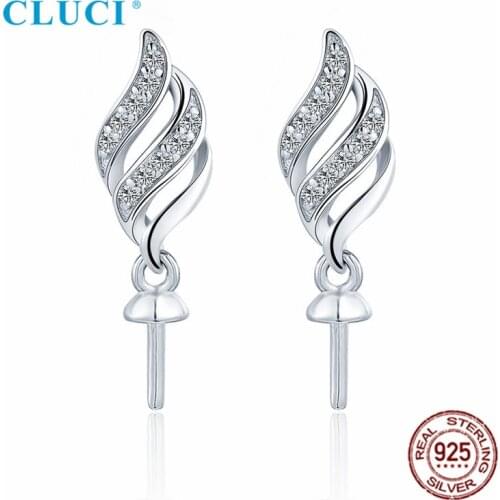 CLUCI Real 100% 925 Sterling Silver Twist CZ Pearl Dangle Women Stud Earrings Mountings Engagement Wedding Pearl Jewelry SE175SB