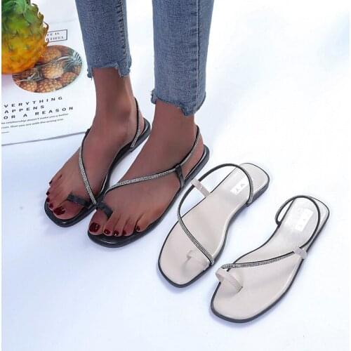 COOTELILI Woman Sandals Flats Shoes 2021 New Fashion Summer Shoes Flat Heel Round Toe Diamond Decoration Plus Size 41 42 43