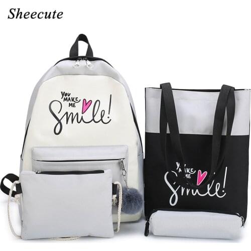 Childrens School Bag Student Canvas Backpack Cartoon Letter Print Princess Girls School Backpack 4pcs/set Shopping Bag