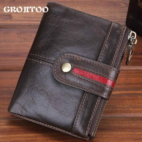 GROJITOO New genuine leather mens short wallet large capacity Kraft card bag leisure coin purse Male Money Pocket Card Purse