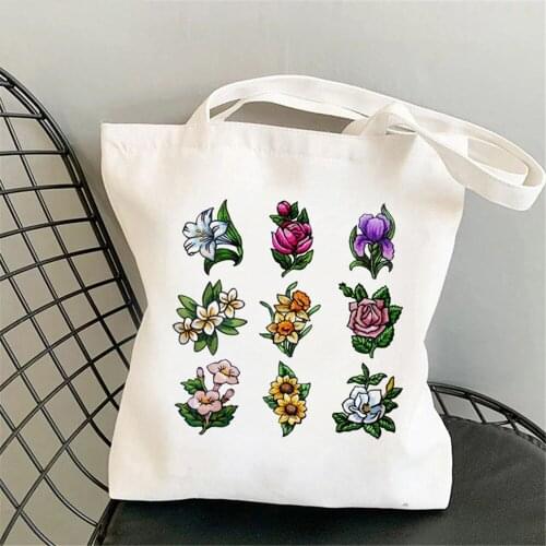 Womens Canvas Fashion Shoulder Bag Student Flower Female Handbag Korean Fashion Large Capacity Reusable Shopping Bag