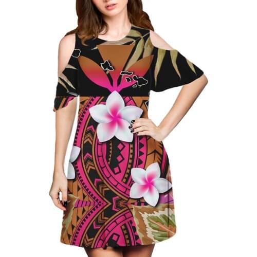 Hycool Polynesian Hibiscus Design Red Print Plumeria Leakage Shoulder Clothing Summer Short Sleeve Dresses Ladies Casual Dresses