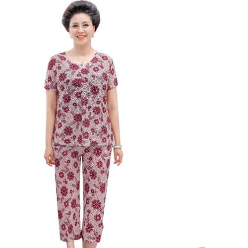 Summer Mother Suit Fashion Loose Short-Sleeved Cardigan Suit Women Round Neck Print Casual 7-Point Pants Two-Piece Suit Female