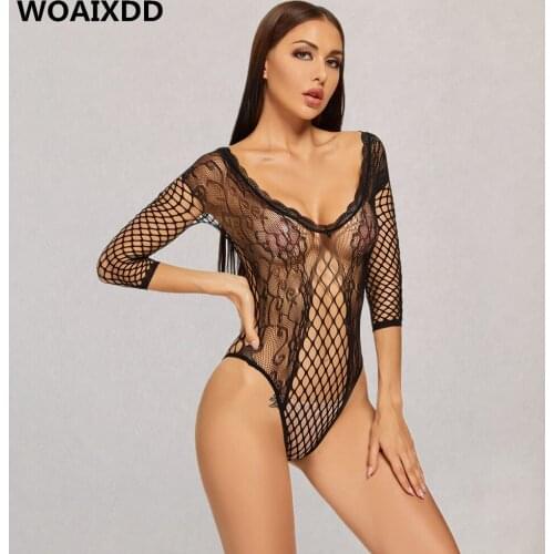 Lace New Sexy Hollow Out Mesh Bodysuits Black Backless Long Sleeve Bodysuit Women Beach Wear Rompers Womens Jumpsuit