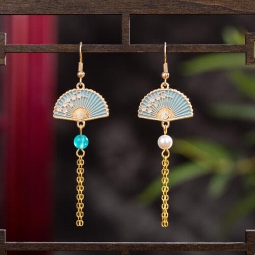 Summer Golden Long Toast Womens French Fan Shaped Flower Embryo Shell Pearl Tassel Earrings