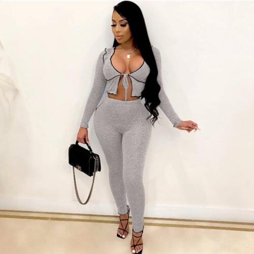 Autumn Winter Women Casual Sports Fashion Skinny Solid Navel Two Piece Set Top and Pants Tracksuit Sweatsuit Outfits