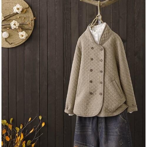 Autumn Winter Padded Cotton Jacket Women Solid Plalid Stand Collar Long Sleeve Baisc Coat Female Retro Outerwear Chaquetas Mujer