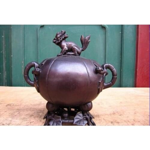 Song voge gem S1211 8"Chinese Pure Bronze Carved gourd Fu Foo Dog Lion Censer incense burner