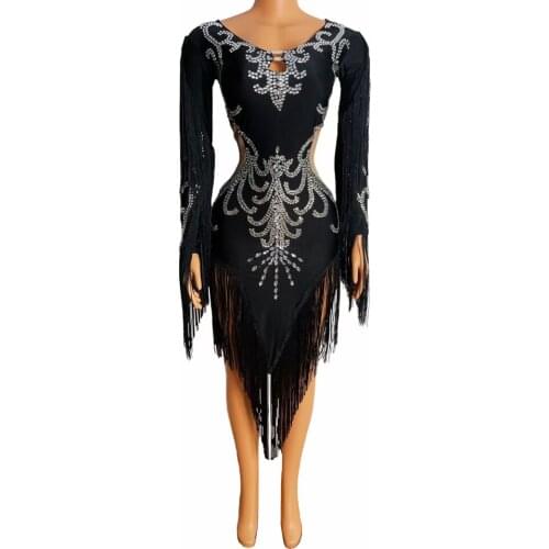 Sexy Black Rhinestone Long Tassel Party Dress Women Stretch Fringes Latin Dance Dress Nightclub Prom Bodycon Dress Stage Clothes
