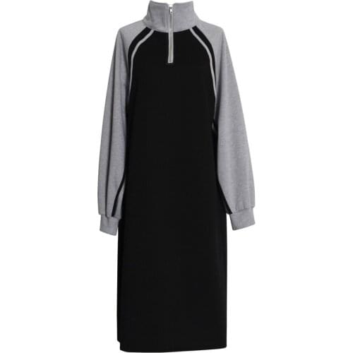 PERHAPS U Black Gray Patchwork Long Sleeve Stand Collar Zipper Midi Dress Autumn Sport Casual Loose D0820