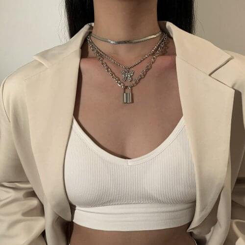 QiLuxy Punk Cuban Choker Necklace Women Jewelry Vintage Butterfly Lock Pendant Chunky Chain Layered Necklace Neck Accessories