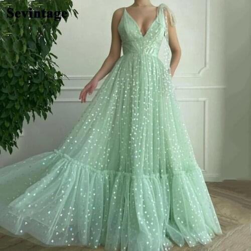 Sevintage Light Green Heart Tulle Evening Dress V-Neck Long Woman Prom Gowns Spaghetti Strap Princess Formal Party Dresses 2021