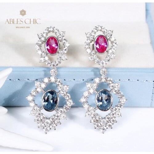 Solid 925 Silver Ruby & Sapphire Cubic Zirconia Chanderlier Earrings Wedding Flower CZ Stud Earring Premium Bridal Fine Jewelry