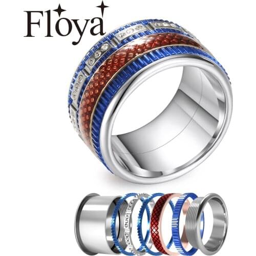Floya Spinner Inlayed Rings Women Anxiety Stainless Steel Interchangeable Big Ring Rotatable Layered Band