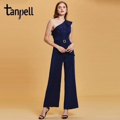 Tanpell one shoulder jumpsuit evening dress dark navy sleeveless floor length sheath gown lady party formal long evening dresses