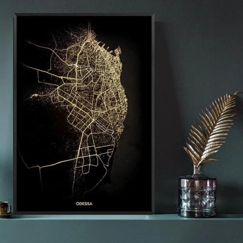 Ukraine Odessa City Map Golden Canvas Poster Modern Style Prints Wall Art Picture for Living Room Home Decor Mural No Frame