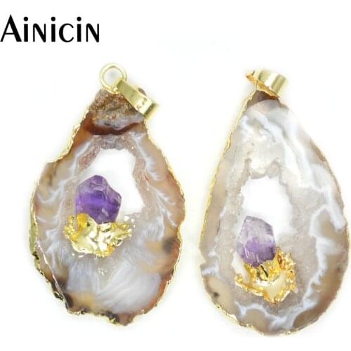 2pcs Make In Pairs Drusy Geode Stone With Crystal Inlay Pendants For Necklace and Earring Making