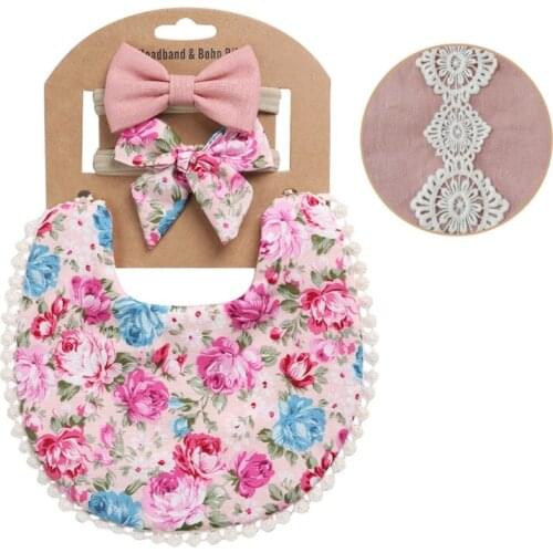 Baby Headbands+Tassel Saliva Towel Kit Newborn Photography Props Floral Print Double Side Bibs Bandana Burp Cloths Feeding Smock