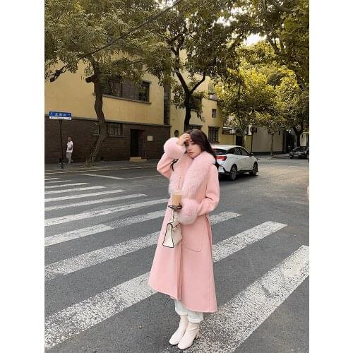 Elegant Ladies Fox Fur Long Cashmere Coat Winter Autumn Luxury Women Clothing Jacket Girls Handmade Wool Coat Vendor Belt