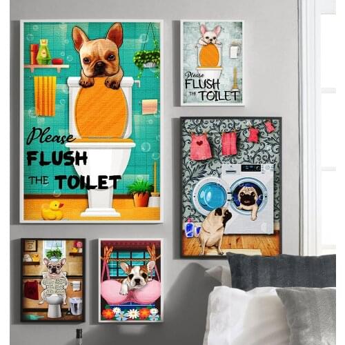 Frenchie Please Flush the Toilet Quote Dog Animal Poster Funny Cartoon Picture Kids Room Bathroom Decor Wall Art Canvas Painting
