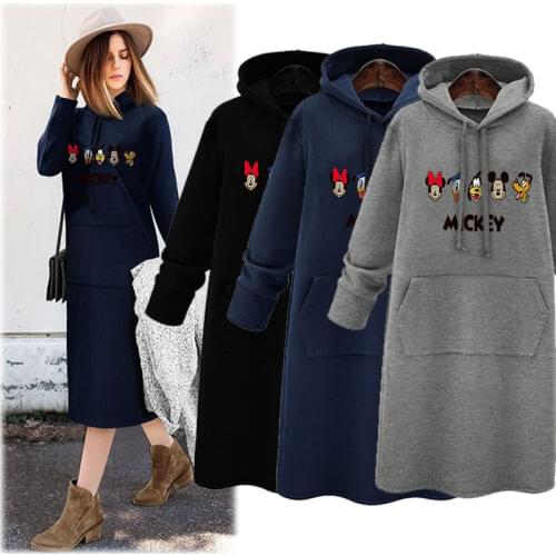 Hot Disney cartoon Mickey hoodie new autumn and winter plus velvet thickening plus size women loose sweater mid-length