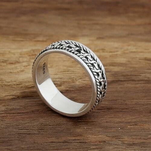 Apinje 925 Sterling Silver Ring for Men Good Luck Rotating Twist Finger Weave Punk Rings