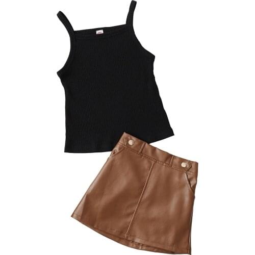 2PCS Toddler Girls Summer Clothes, Sleeveless Rib Knit Camisole + Mini Leather Skirt Set 2-6T 2021