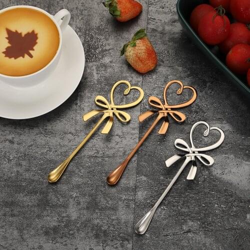 Stainless Steel Heart Bow Spoon Coffee Spoon Long Handle Tea Spoons Kitchen Hot Drinking Kitchen Flatware Valentines Day Gift
