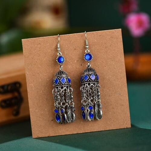 Mexico Retro Womens Tassel Long Earrings Ethnic India Birdcage Red Crystal Beads Wedding Earrings Gypsy Tibetan Jewelry Hangers