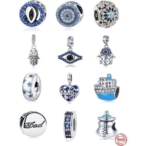 New 925 Sterling Silver Blue Eye Family Dad Spacer Palm Pendant DIY fine beads Fit Original Pandora Charm Bracelet Jewelry F065