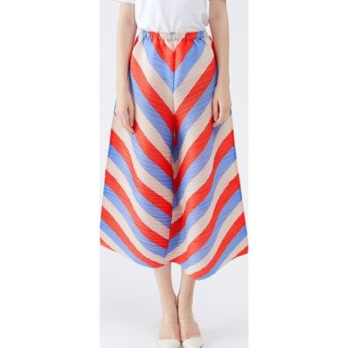 2021 spring and summer new womens wide-leg pants issey miyak pleated striped loose folda larga pants for woman