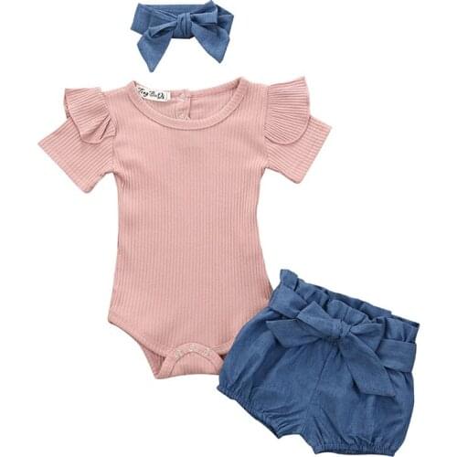 Toddler Girl Outfits Solid Short Sleeve Tops Romper+Shorts+Headband Newborn Baby Girls Clothes Sets Summer Kids 0-24 Months