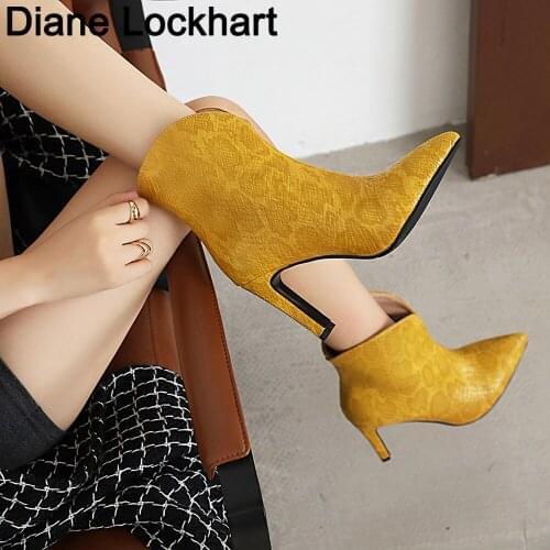 Sexy Ankle Boots For Women Shoes Fashion Snake Chelsea Booties Woman Lace Up High Heels Short Boot Yellow Lady Street Footwear