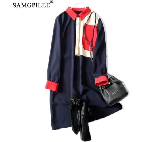 Elegant Dresses For Women 2021 New Office Lady Korean A-line Patchwork Full Sleeve Button Empire Turn-down Collar Dress Woman