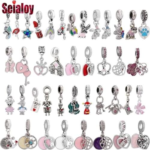 Seialoy 2pcs Cartoon Boys Girls Dangle Pink Heart Pendant Animals Bear Puppy Birds Charm Fit Diy Jewelry Gifts For Girlfriends