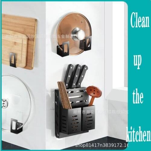 Factory direct sale black kitchen shelf wall mounted stainless steel non punching knife rest plate pot cover shelf storage rack