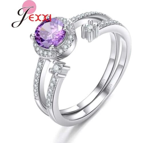 Luxury 925 Sterling Silver High Quality Purple Crystals Finger Rings Sets For Women Bridal Wedding Banquet Bague Jewelry