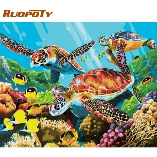 RUOPOTY Sea Turtle Animal Oil Painting By Numbers Home Decoration Wall Art Picture By Number Acrylic Paint Drawing Canvas Craft