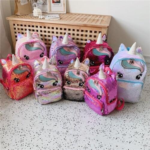Girls Sequins Unicorn Backpack Fashion Glitter School Book Bag Girls Cute Hologram Laser PU Leather Shoulders Backpack for Kids