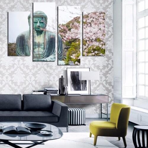 Modern Buddha Painting 4 Picture Home Decoration marble buddha and mountain tree flower landscape art canvas no frame