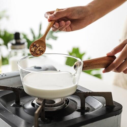 Glass Milk Pot With Wooden Handle Cooking Pan For Baby Food Salad Gas Milk Pan