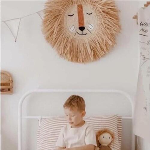 40CM Kids Room Decoration Animal Head Wall Decor Hand Woven Cartoon Lion Kindergarten Nursery Hanging Decoration Boy Girl Gifts