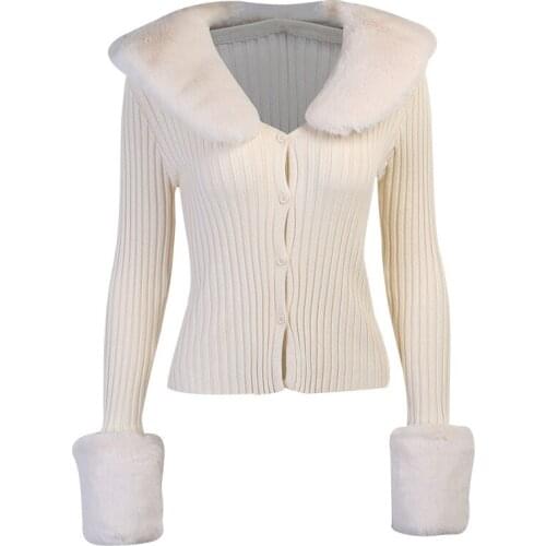 Quanss Autumn Winter Rabbit Fur Patchwork Knitted Cardigan Women 2021 Fashion Streetwear Sweaters Female Y2k Knit Tops