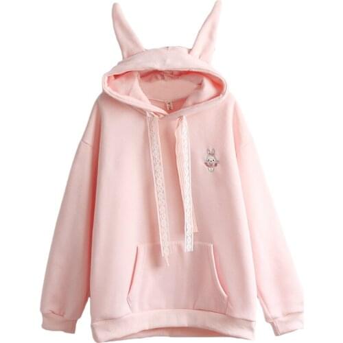 Japanese Kawaii Rabbit Women Hoodies Lolita Bunny Ear Long Sleeve Pink Hooded Sweatshirt Teen Girls Winter Warm Cute Pullover