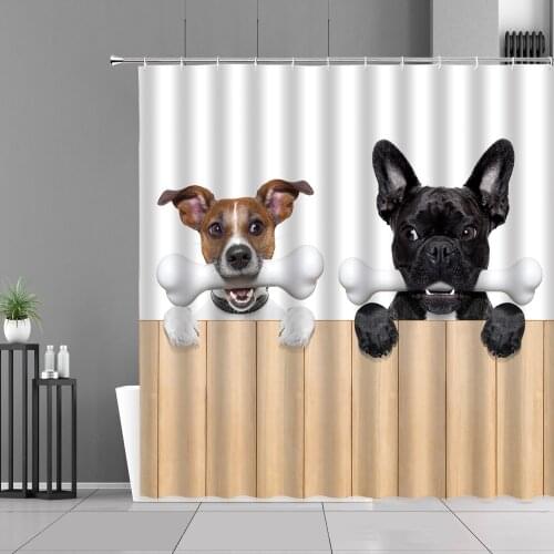 Funny Animal Dog Bones Pattern Shower Curtain Cute Pet Bulldog Waterproof Bath Curtains Children Room Home Bathroom Decor Screen