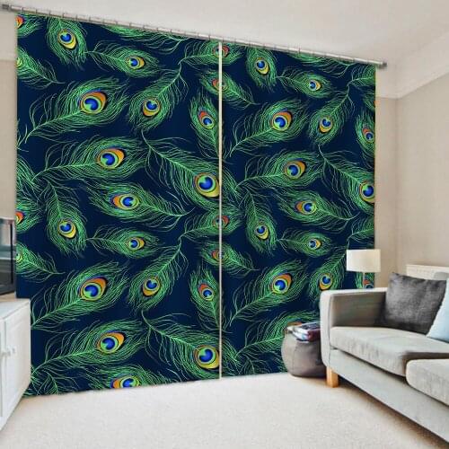 Green feather curtains Nature Art Print Drapes Living room Bedroom Decor 2 Panels HooksWindow Curtains 3d curtains