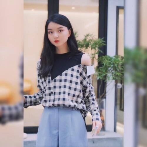 Women Shirt 2021 Autumn New Product Loose Off-shoulder Plaid Asymmetric Long-sleeved Blouse